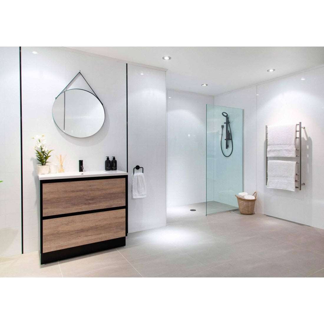 600MM POLO BLACK AND LIGHT OAK FLOORSTANDING VANITY WITH CERAMIC TOP - The Tile Collection™