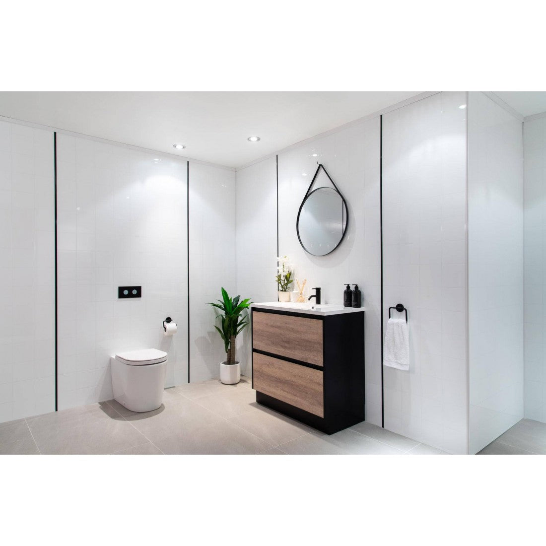 600MM POLO BLACK AND LIGHT OAK FLOORSTANDING VANITY WITH CERAMIC TOP - The Tile Collection™