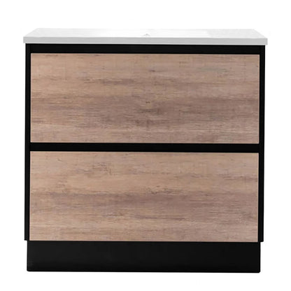 600MM POLO BLACK AND LIGHT OAK FLOORSTANDING VANITY WITH CERAMIC TOP - The Tile Collection™