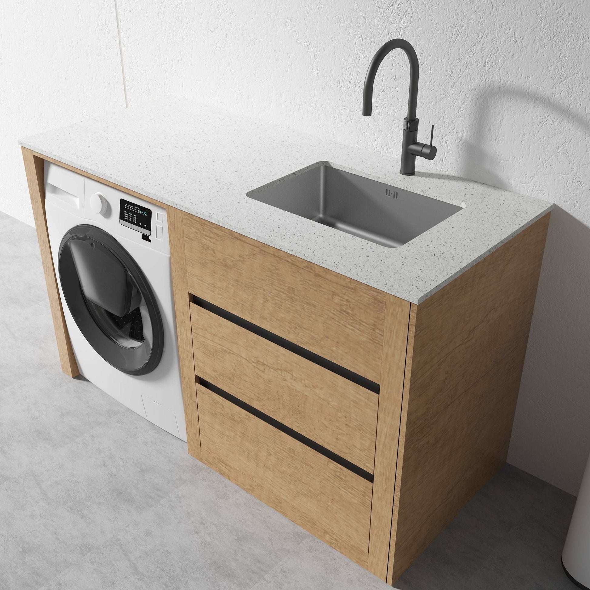 1300MM PLYWOOD LAUNDRY STATION | HONEY OAK | STONE BENCTOP | STAINLESS STEEL SINK - The Tile Collection™