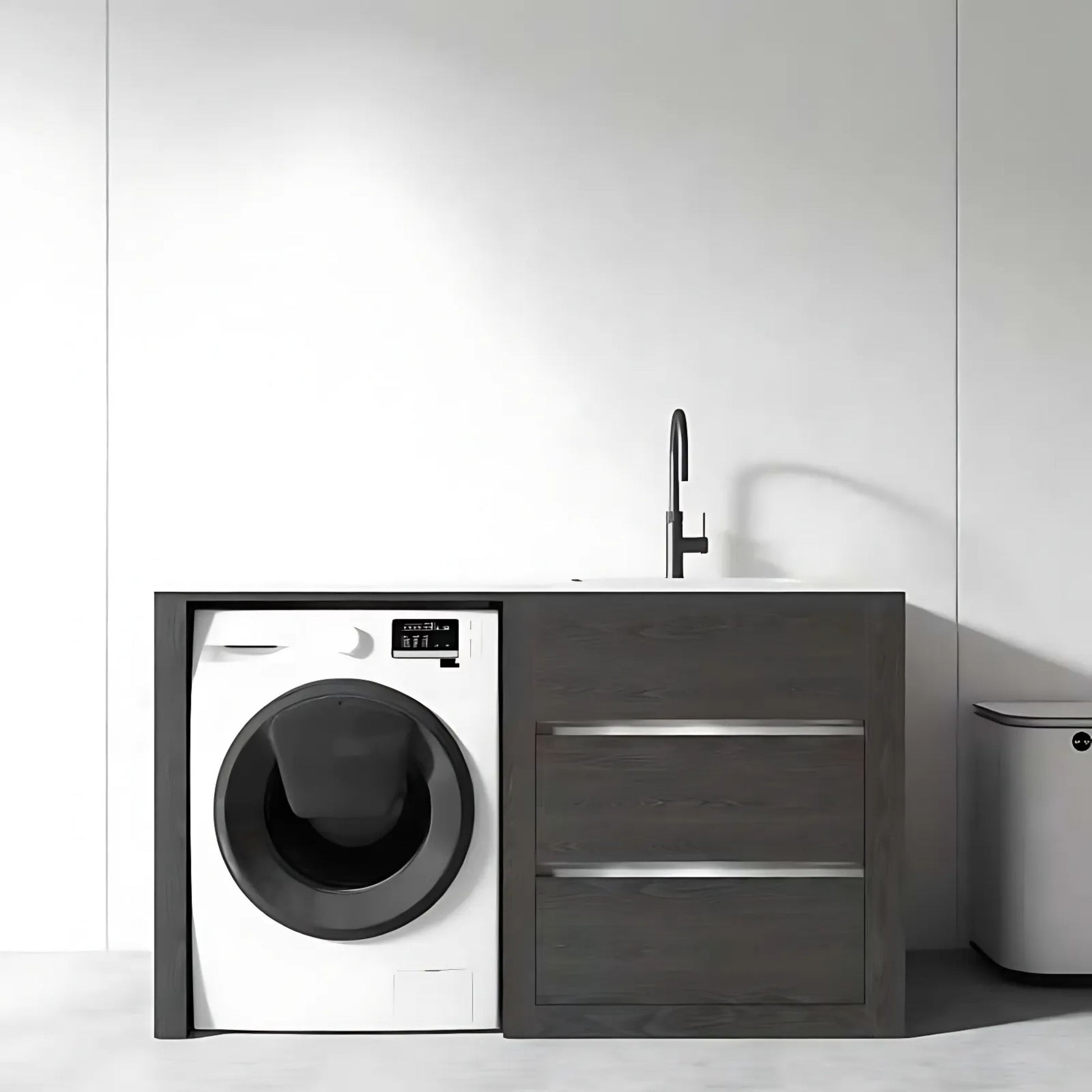 1500MM CHARRED ASH PLYWOOD LAUNDRY STATION | STONE BENCHTOP | STAINLESS STEEL SINK - The Tile Collection™