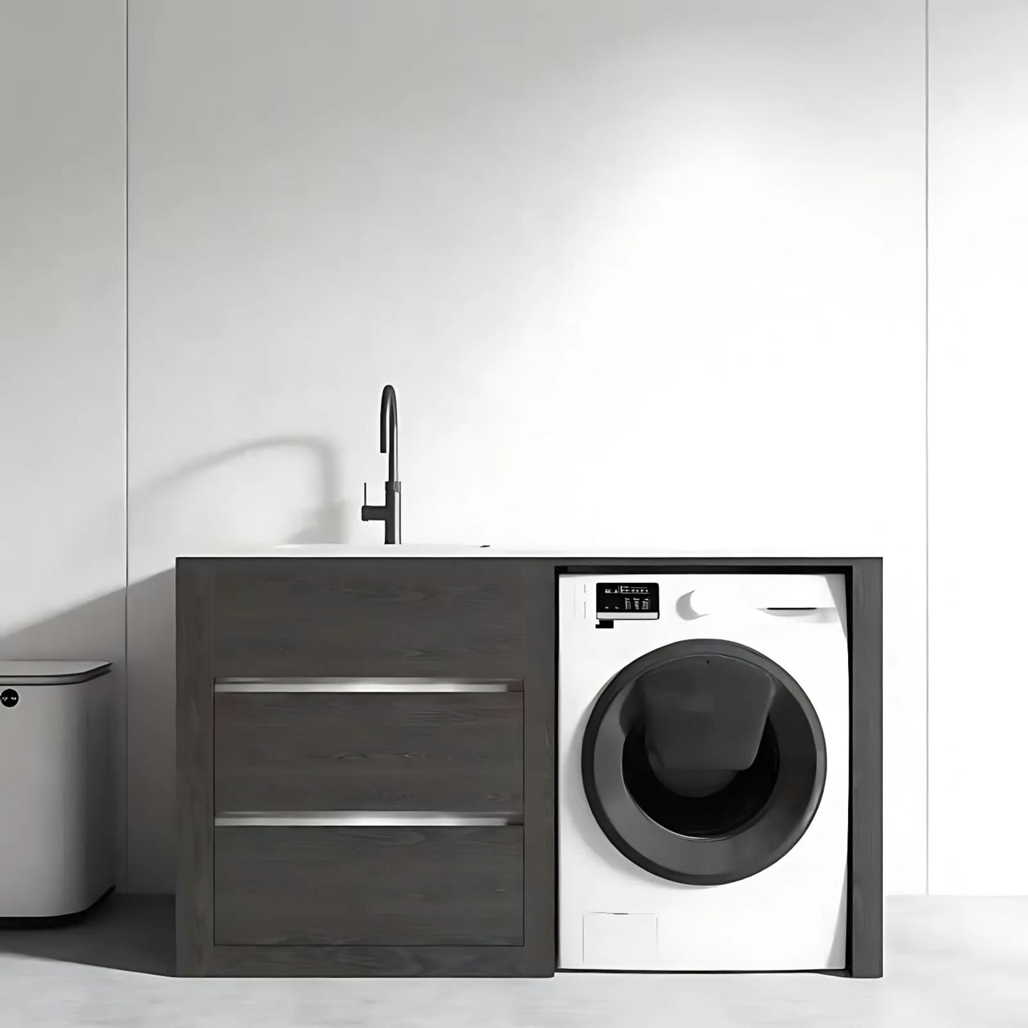 1500MM CHARRED ASH PLYWOOD LAUNDRY STATION | STONE BENCHTOP | STAINLESS STEEL SINK - The Tile Collection™
