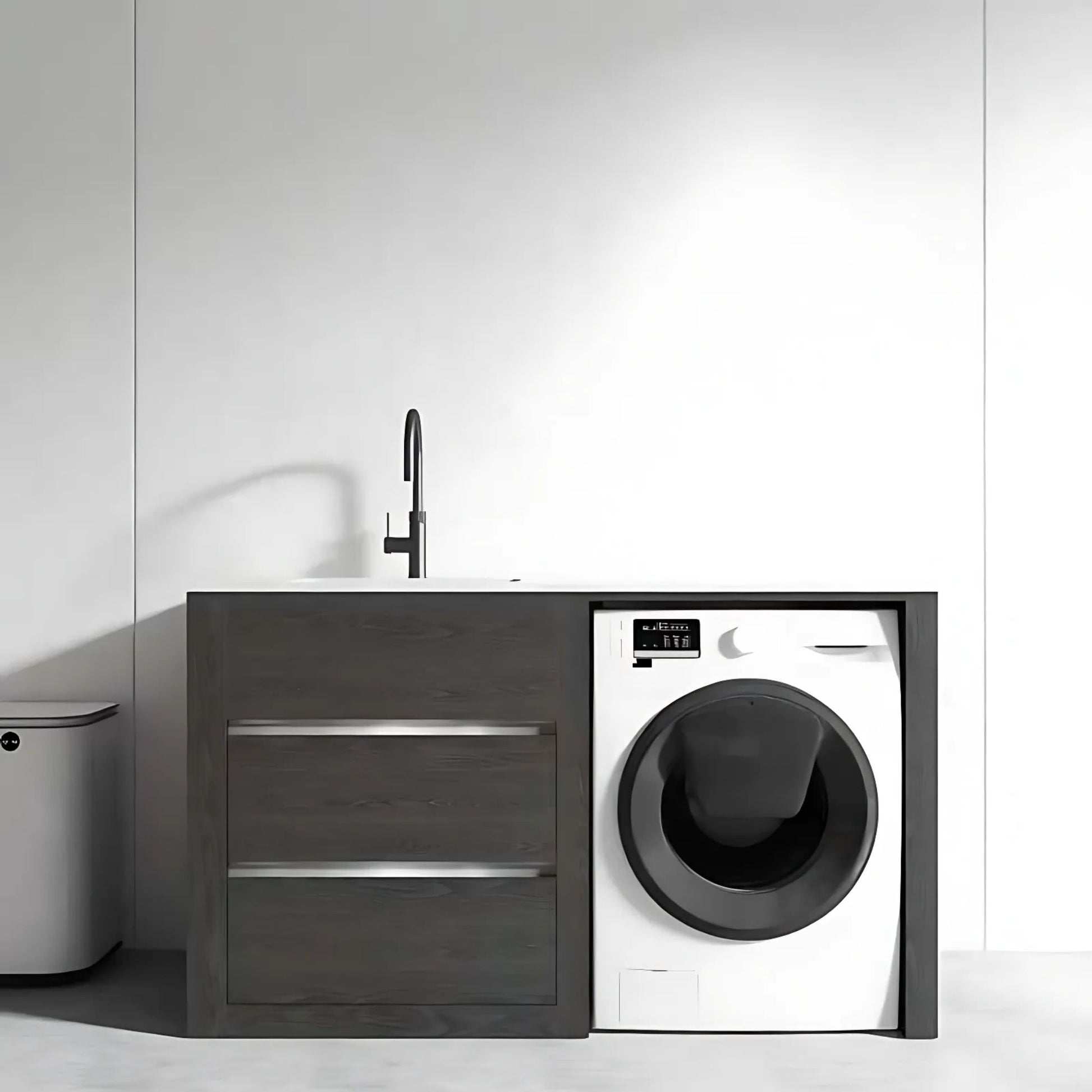 1500MM CHARRED ASH PLYWOOD LAUNDRY STATION | STONE BENCHTOP | STAINLESS STEEL SINK - The Tile Collection™