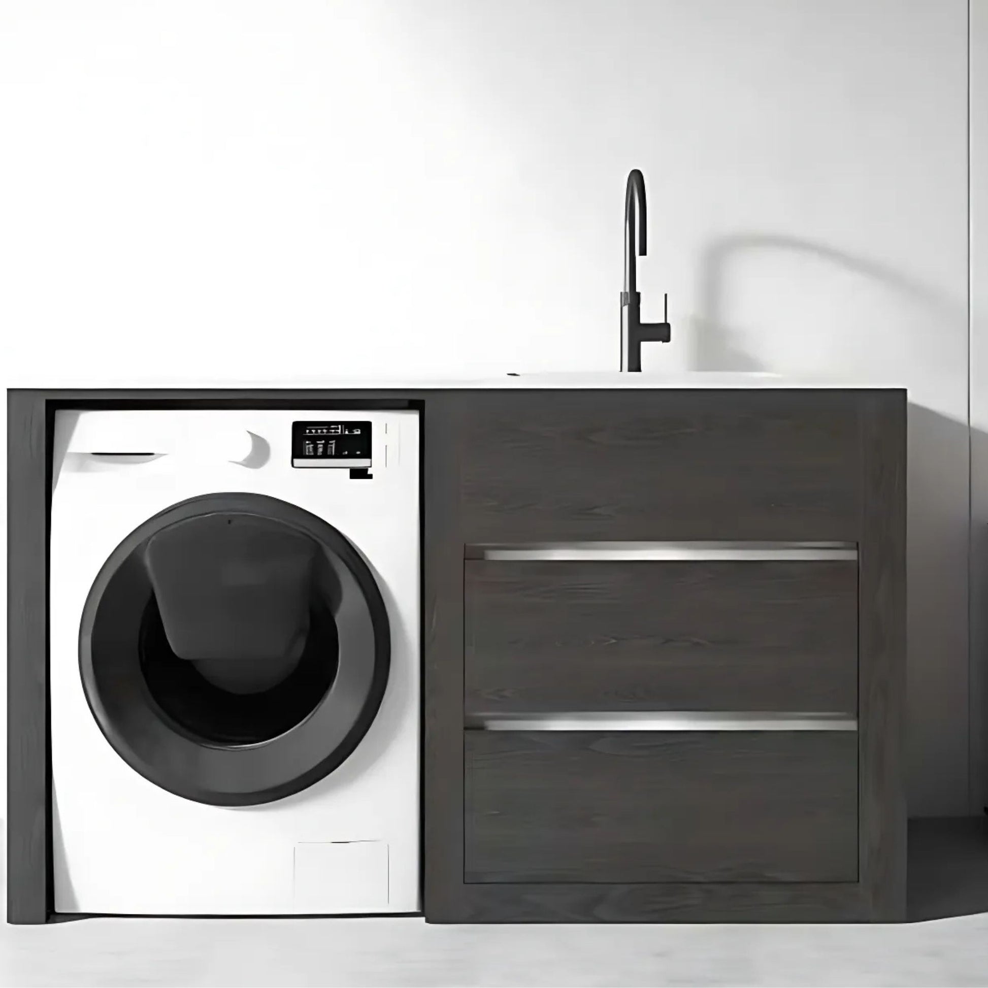 1500MM CHARRED ASH PLYWOOD LAUNDRY STATION | STONE BENCHTOP | STAINLESS STEEL SINK - The Tile Collection™