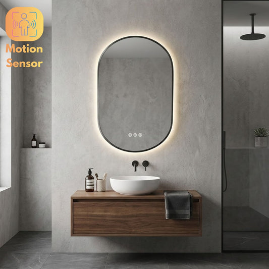 600x900mm Oval Backlit Bathroom LED Mirror with Gunmetal Frame | Defogger | LED Mirrors NZ