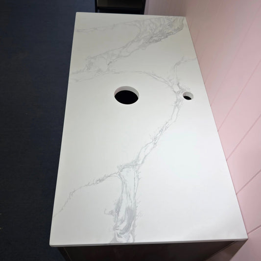 STATUARIO WHITE MARBLE VEIN ENGINEERED STONE VANITY BENCHTOP - CUSTOM CUT