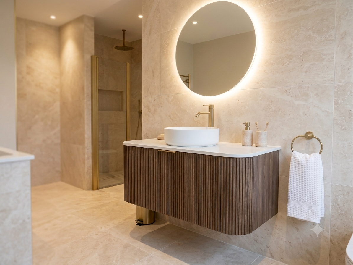 1200MM CURVED FLUTED WALL HUNG VANITY | DARK BROWN OAK