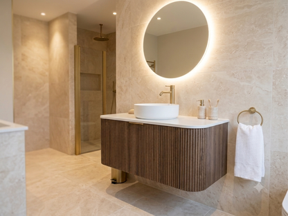 1200MM CURVED FLUTED WALL HUNG VANITY | DARK BROWN OAK