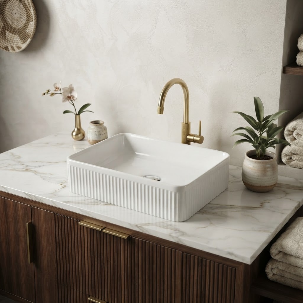 FLUTED GLOSS WHITE RECTANGULAR COUNTERTOP BASIN | 500MMX340MM BC