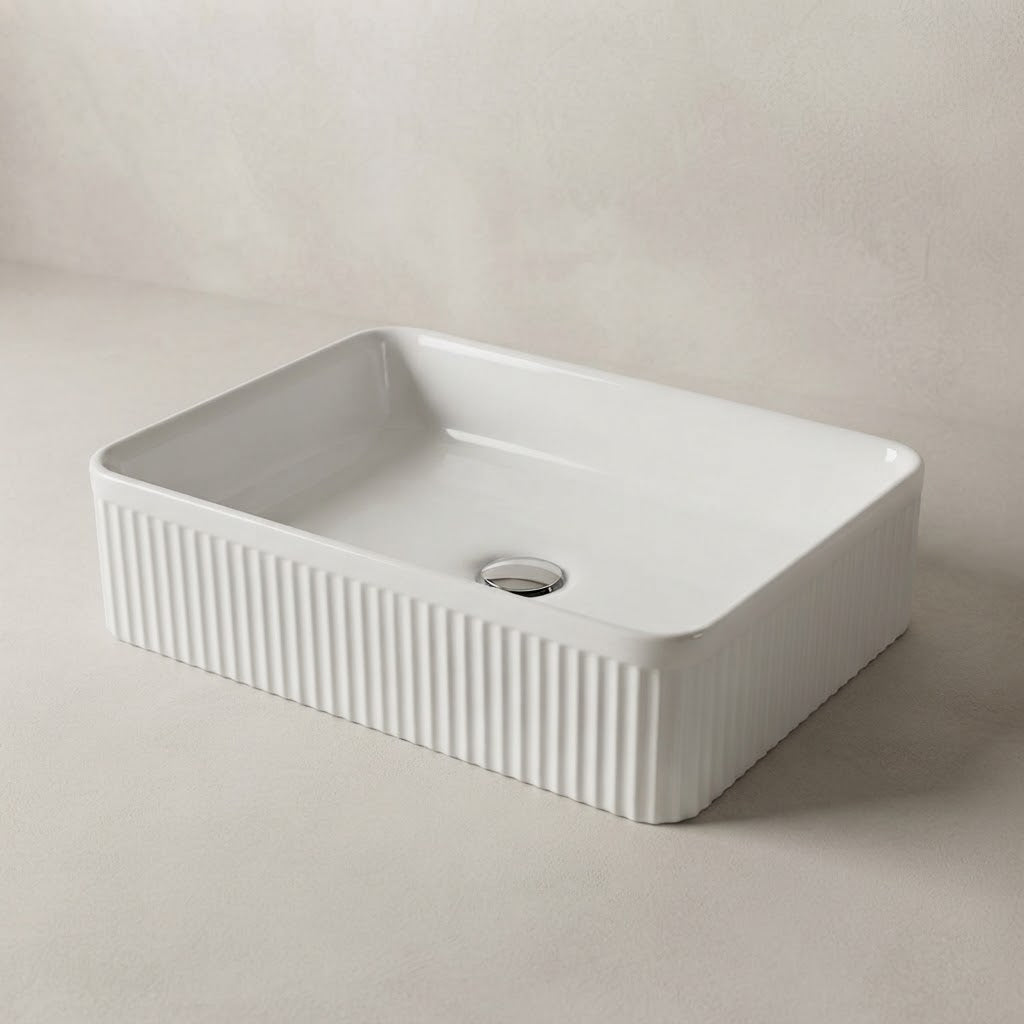 FLUTED GLOSS WHITE RECTANGULAR COUNTERTOP BASIN | 500MMX340MM BC