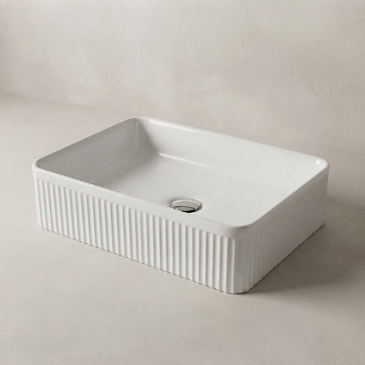 FLUTED GLOSS WHITE RECTANGULAR COUNTERTOP BASIN | 500MMX340MM BC