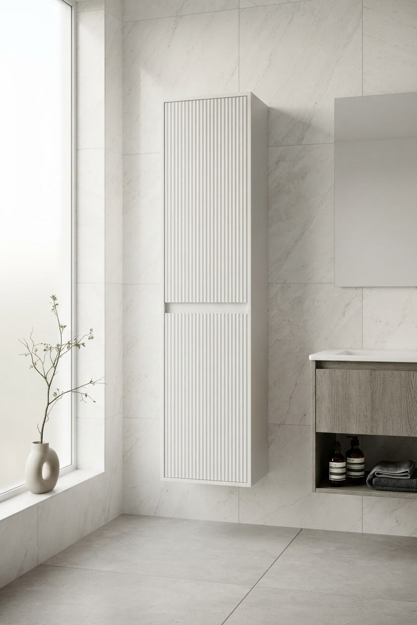 TALL FLUTED BATHROOM STORAGE CABINET - 1600MM HIGH - MATTE WHITE FINISH BC
