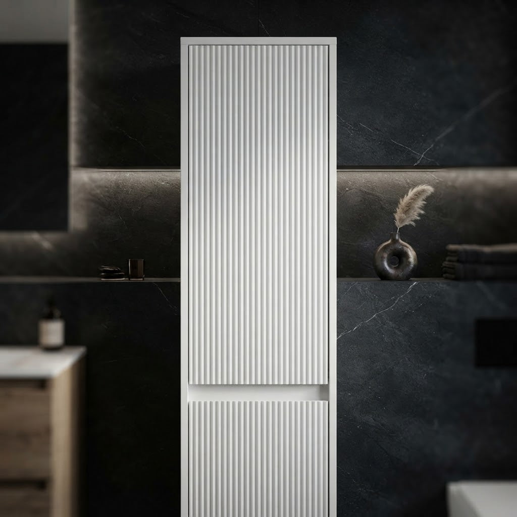 TALL FLUTED BATHROOM STORAGE CABINET - 1600MM HIGH - MATTE WHITE FINISH BC