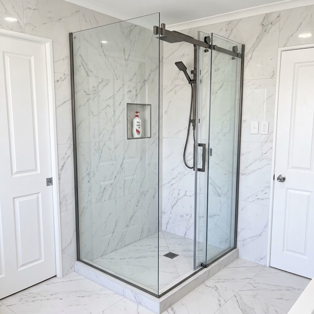 1200X800MM FRAMELESS SHOWER SLIDING DOOR AND RETURN PANEL - BRUSHED GUNMETAL