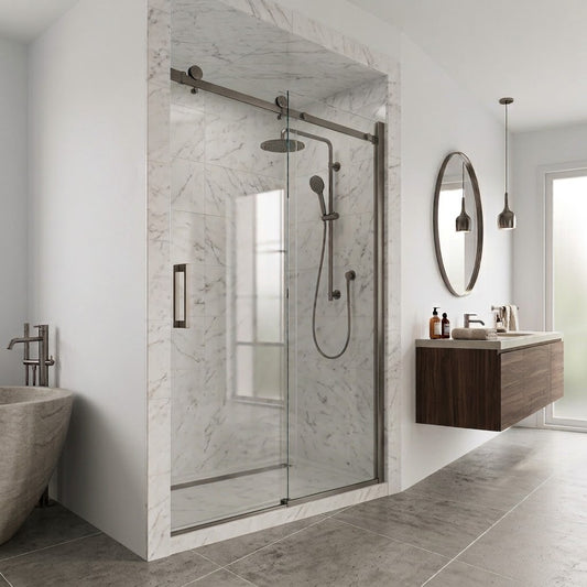 1500MM ALCOVE FRAMELESS SLIDING SHOWER DOOR GLASS- BRUSHED GUNMETAL