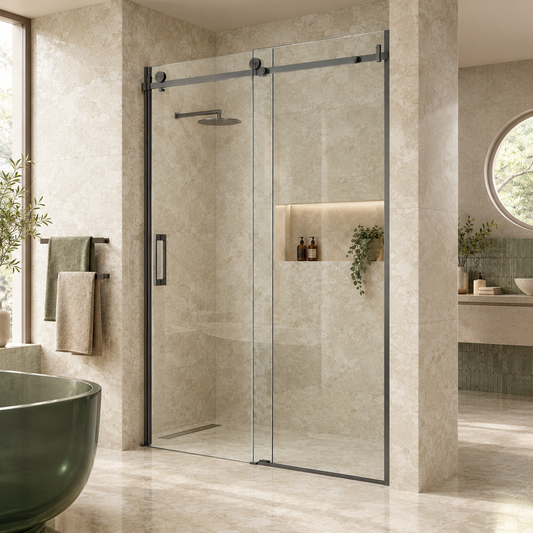 1500MM ALCOVE FRAMELESS SLIDING SHOWER DOOR GLASS- BRUSHED GUNMETAL