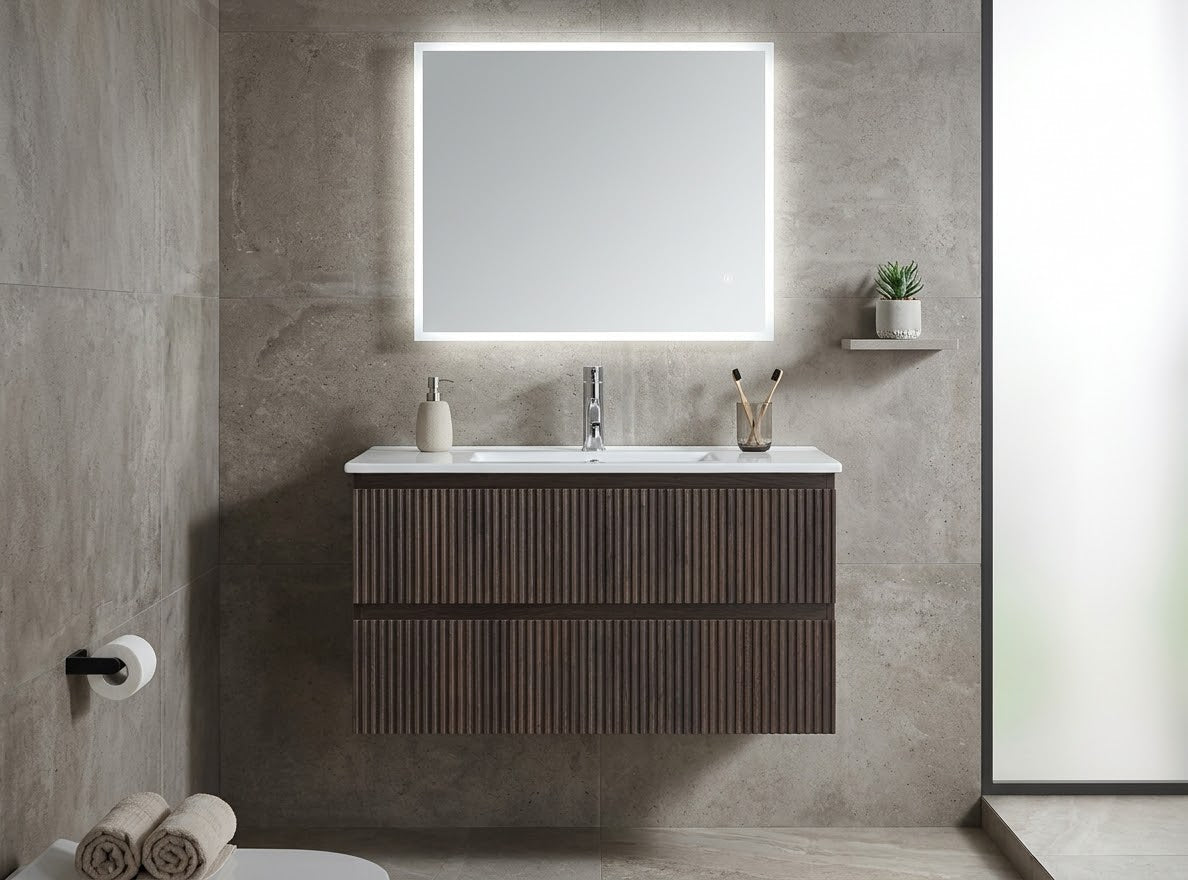 MS90 FLUTED FRONT 900MM WALL HUNG VANITY - DARK OAK