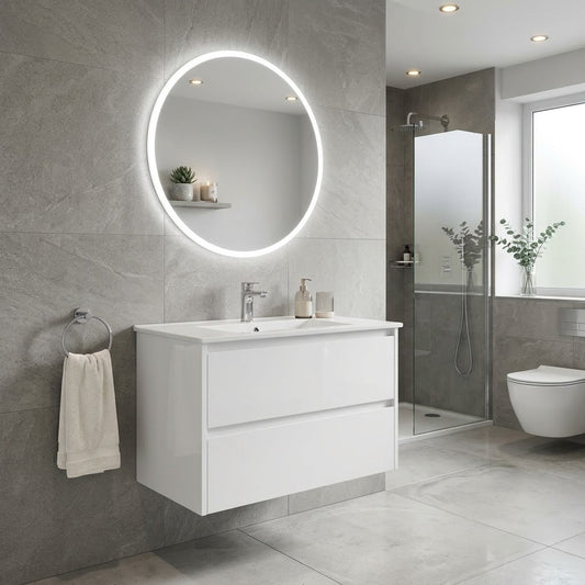 JL 900MM WALL HUNG VANITY - GLOSS WHITE | PLYWOOD, 2 DRAWERS