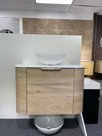 LINEA VINTAGE 750MM CURVED FLUTED WALL HUNG VANITY | GOLDEN OAK