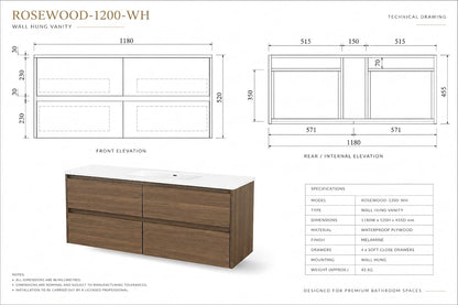 ROSEWOOD WALL HUNG VANITY | 1200MM | SINGLE BASIN | PLYWOOD