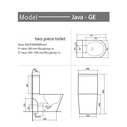 JAVA RIMLESS NON-BACK TO WALL TOILET SUITE - GLOSS WHITE 615X360X805MM