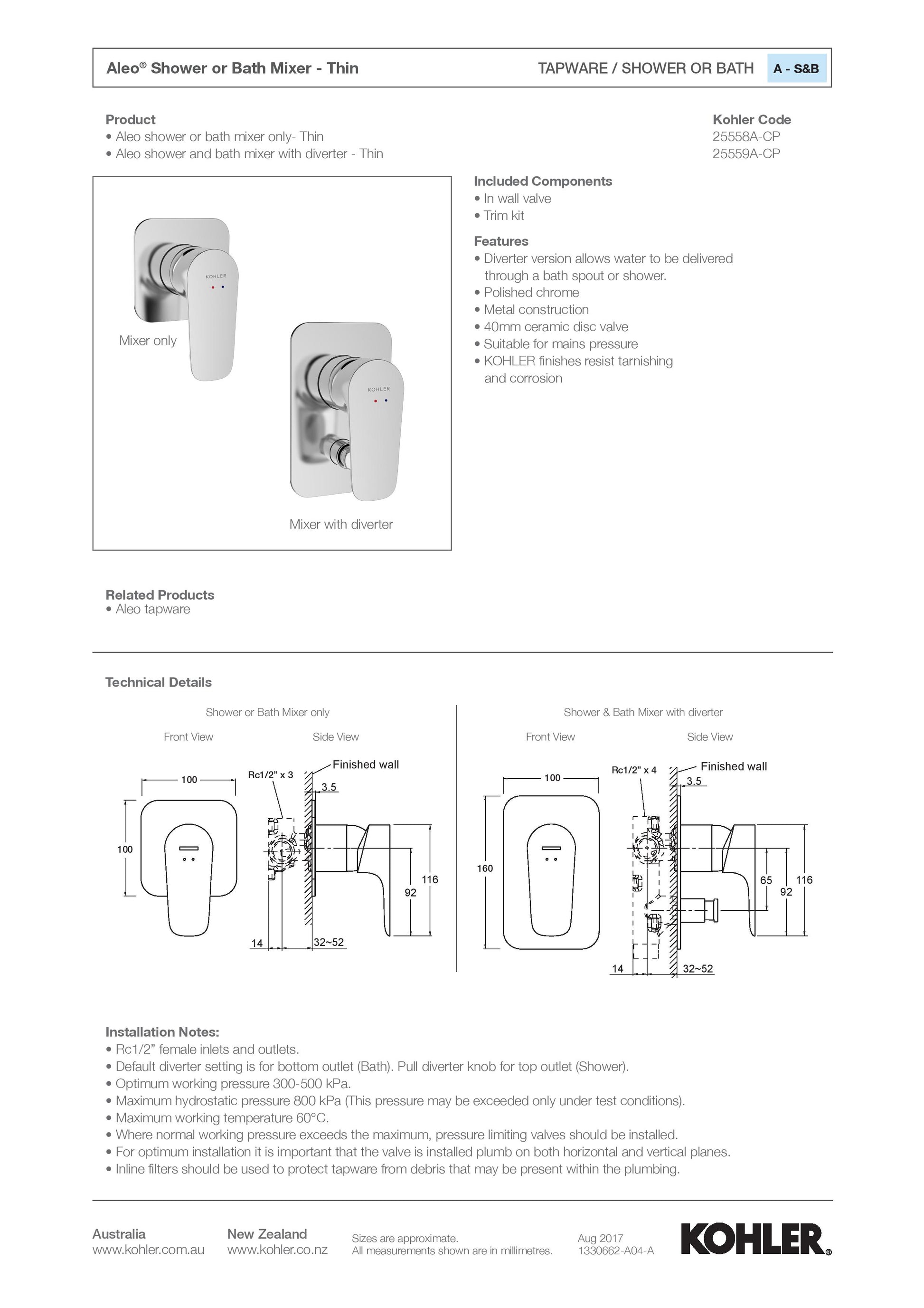 KOHLER ALEO BATH/SHOWER MIXER SLIM TRIM 25558A-CP - The Tile Collection™