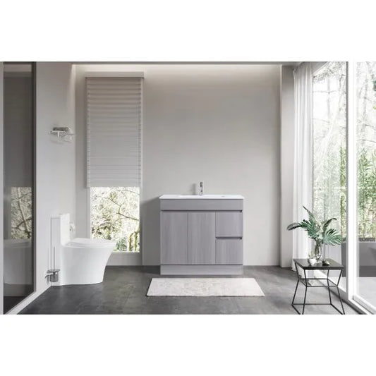 DN 900MM LIGHT GREY PLYWOOD FREESTANDING VANITY WITH CERAMIC TOP