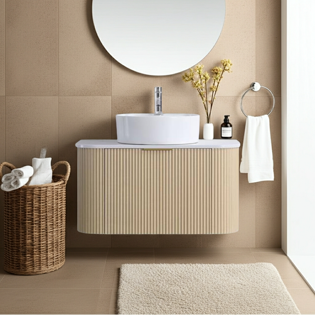 Linea Curved Wall Hung Vanity 900mm Light Oak with Marble Top | Floating Vanity NZ
