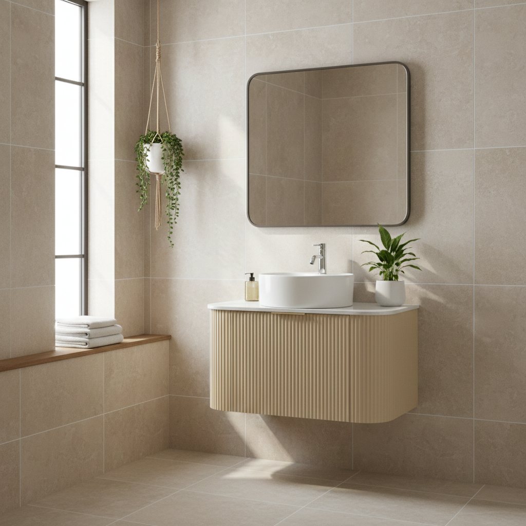 Floating Bathroom Vanity 900mm Curve Light Oak | Marble Flat Top