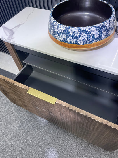 900MM CURVED FLUTED WALL HUNG VANITY | DARK BROWN OAK