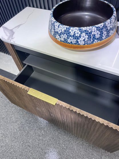 LINEA CURVED FLUTED WALL HUNG VANITY | 1200MM | DARK BROWN OAK