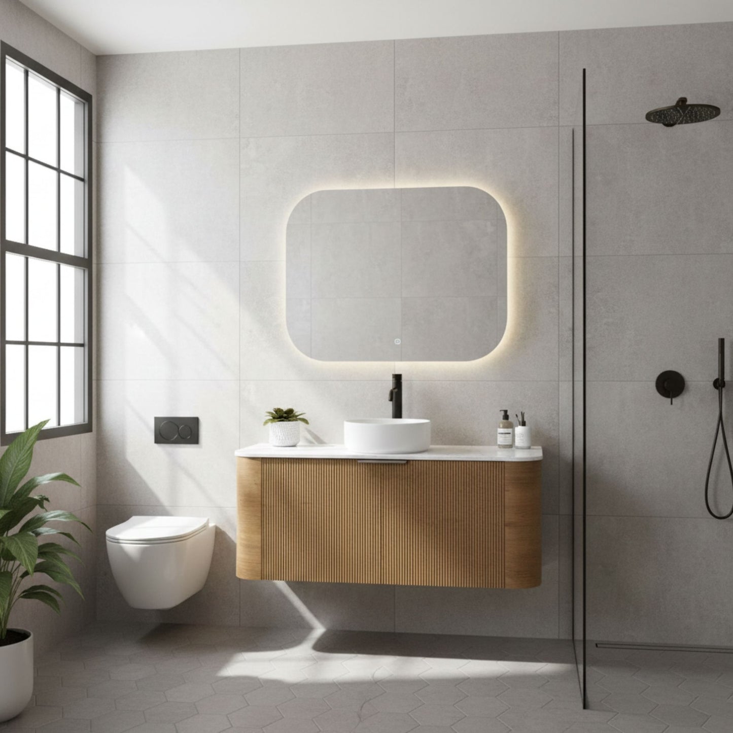 1200MM CURVED WALL HUNG VANITY WITH FLUTED DRAWER FRONT | CHESTNUT OAK