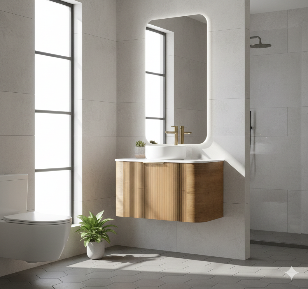 Linea Vintage 900mm Curved Wall Hung Vanity | Chestnut Oak