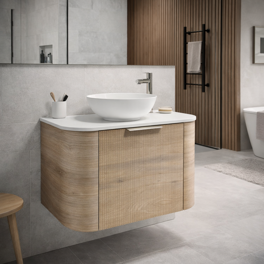LINEA VINTAGE 750MM CURVED FLUTED WALL HUNG VANITY | GOLDEN OAK
