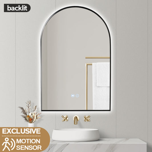 600x900MM GUNMETAL GREY METAL FRAME ARCHED BACKLIT LED MIRROR WITH MOTION SENSOR | DEFOGGER | 3 COLOURS LIGHTS