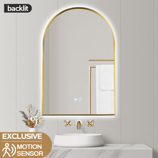 600x900MM BRUSHED GOLD METAL FRAME ARCHED BACKLIT LED MIRROR WITH MOTION SENSOR | DEFOGGER | 3 COLOURS LIGHTS