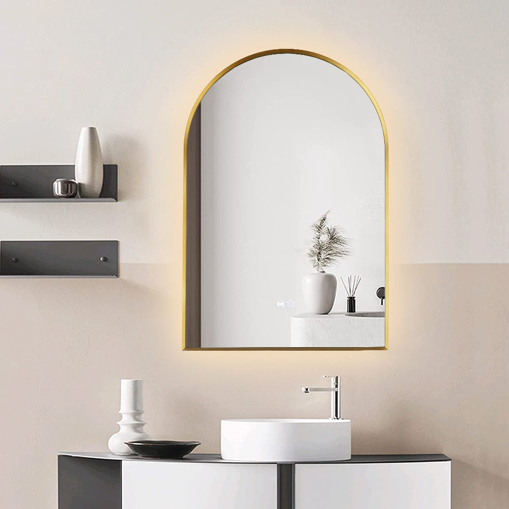 600x900MM BRUSHED GOLD METAL FRAME ARCHED BACKLIT LED MIRROR WITH MOTION SENSOR | DEFOGGER | 3 COLOURS LIGHTS - The Tile Collection™