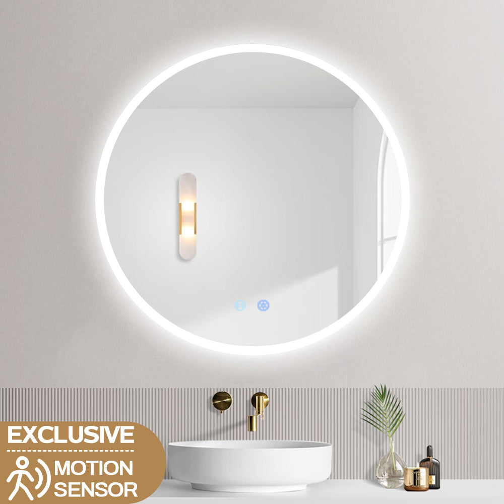 700MM ROUND LED MIRROR WITH MOTION SENSOR | DEMISTER | 3 COLOUR LIGHTS | 20MM RIM - The Tile Collection™