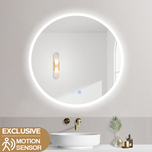 700MM ROUND LED MIRROR WITH MOTION SENSOR | DEMISTER | 3 COLOUR LIGHTS | 15MM RIM