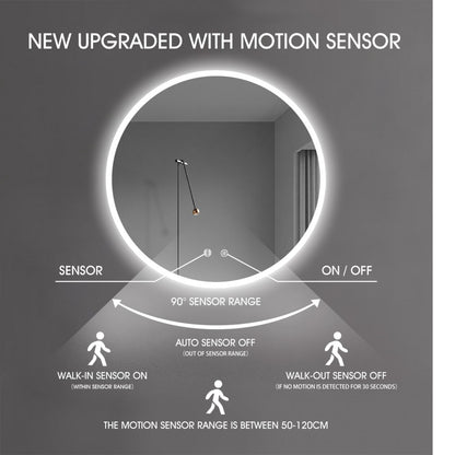 600MM ROUND LED MIRROR WITH MOTION SENSOR | DEMISTER | 3 COLOUR LIGHTS | 15MM RIM