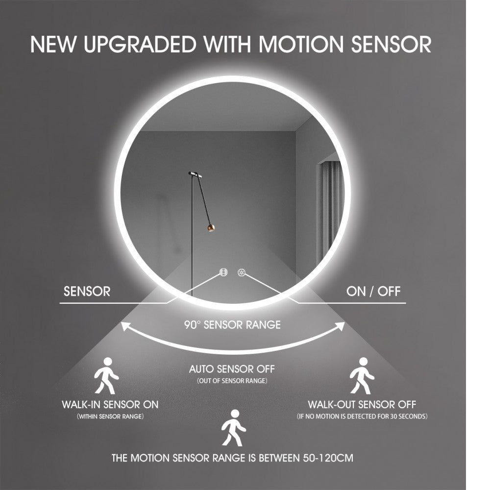 700MM ROUND LED MIRROR WITH MOTION SENSOR | DEMISTER | 3 COLOUR LIGHTS | 20MM RIM - The Tile Collection™