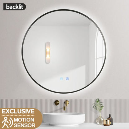 700MM ROUND GUNMETAL GREY FRAME BACKLIT LED MIRROR WITH MOTION SENSOR | DEFOGGER | 3 COLOURS LIGHTS - The Tile Collection™