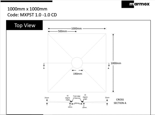 MARMOX READY TO TILE - OVER SHOWER BASE 1000X1000MM - CENTRE DRAIN