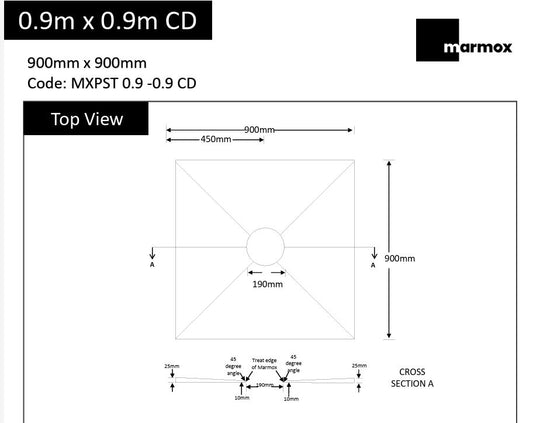 MARMOX READY TO TILE - OVER SHOWER BASE 900X900MM - CENTRE DRAIN