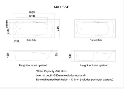 CLEARLITE MATISSE DROP IN BATH 1655X740X405MM - The Tile Collection™