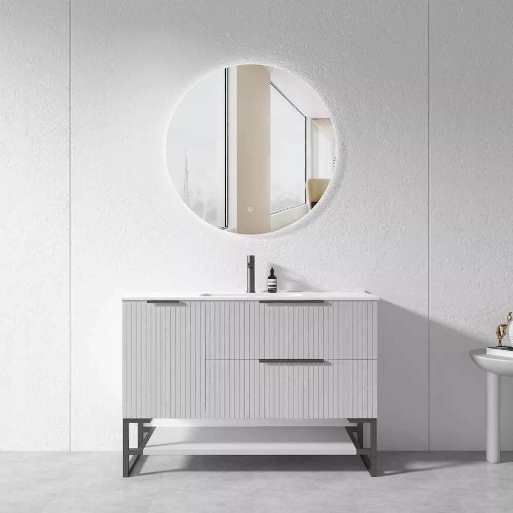1200MM FLUTED GREY PLYWOOD FLOORSTANDING VANITY WITH SINGLE BASIN CERAMIC TOP - The Tile Collection™