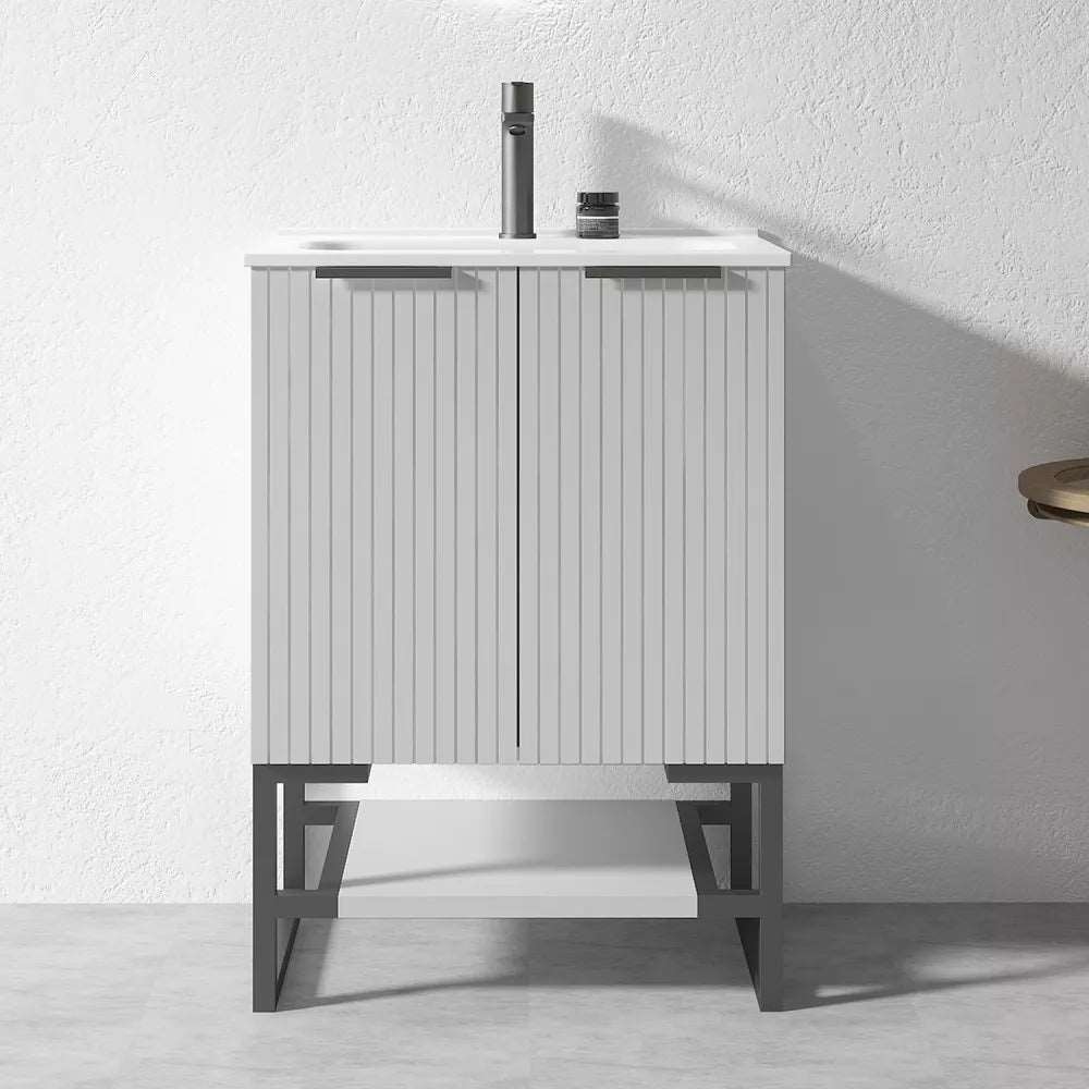 600MM FLUTED GREY PLYWOOD FLOORSTANDING VANITY WITH CERAMIC TOP - The Tile Collection™