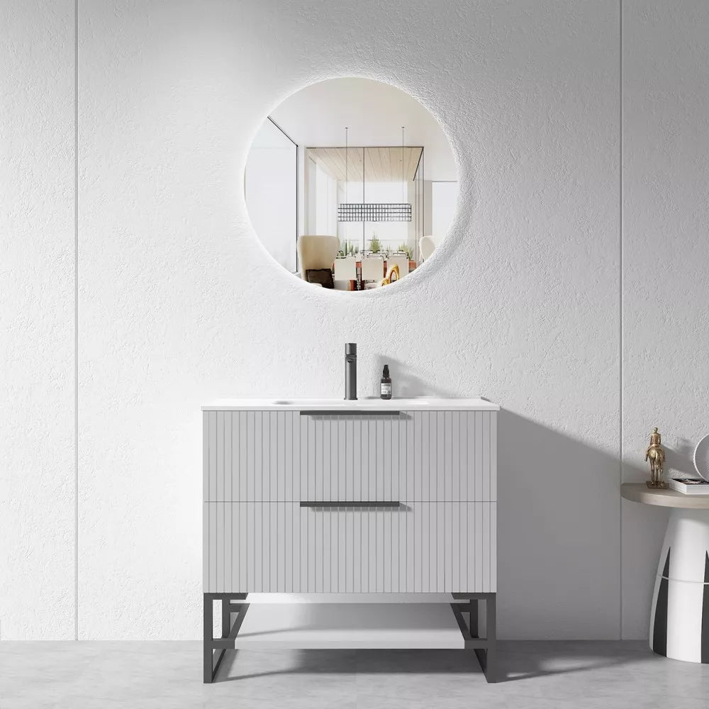 900MM FLUTED GREY FLOORSTANDING PLYWOOD VANITY WITH CERAMIC TOP - The Tile Collection™