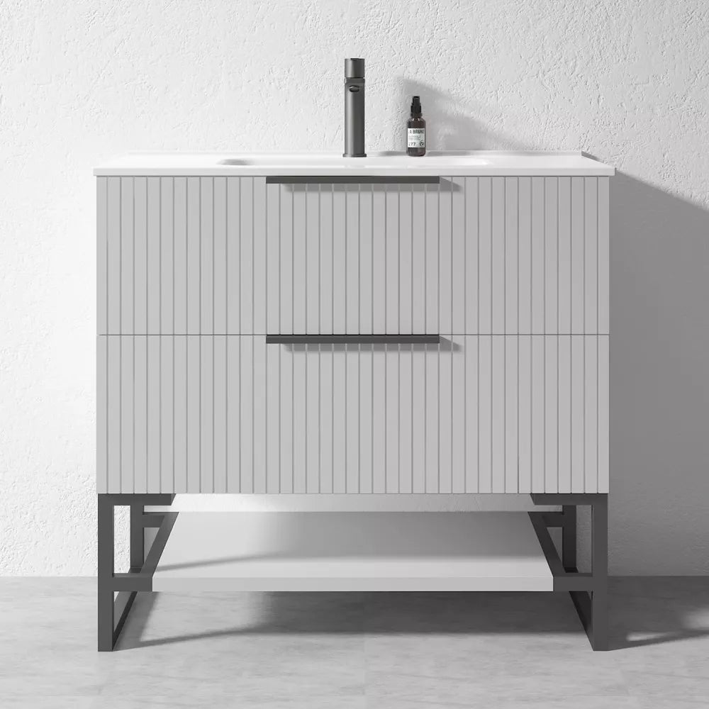 900MM FLUTED GREY FLOORSTANDING PLYWOOD VANITY WITH CERAMIC TOP - The Tile Collection™