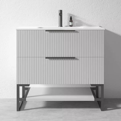 900MM FLUTED GREY FLOORSTANDING PLYWOOD VANITY WITH CERAMIC TOP - The Tile Collection™